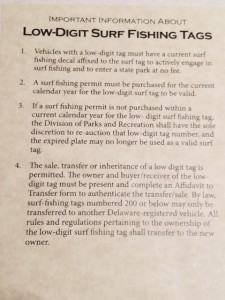 The rules about your new numbered Delaware Surf Fishing tag.
