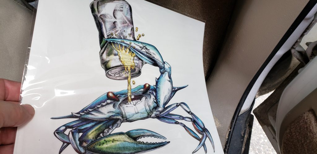 steve diossy, marine artist, atlantic city boat show, new jersey, florida, jupiter, crab crushing beer can