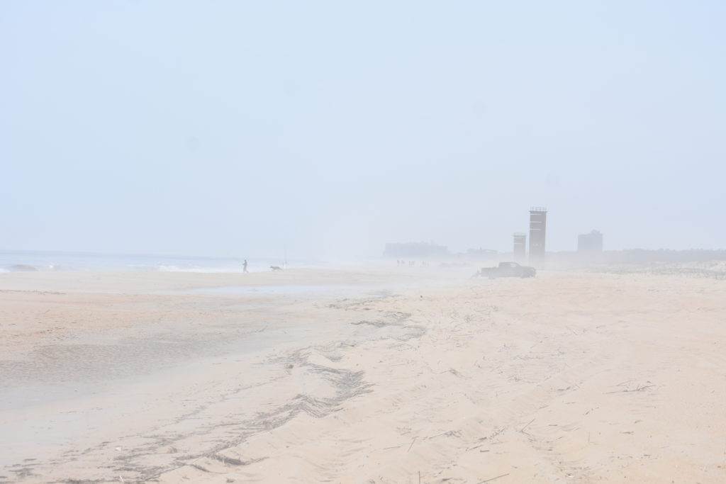 foggy beach, delaware surf fishing, sunburn, uv rays in fog